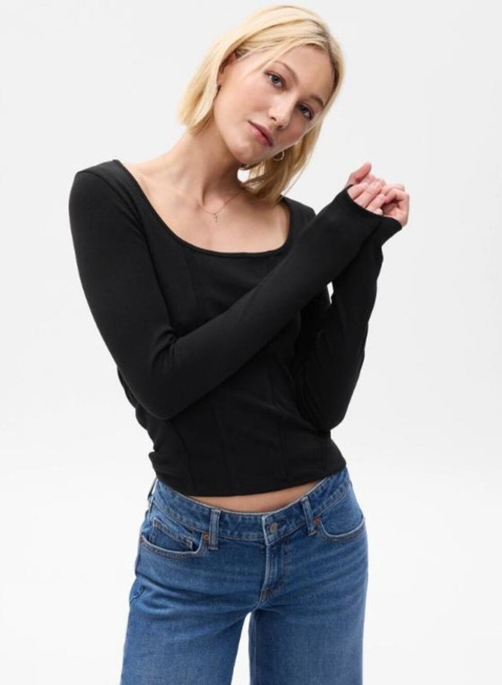 Gap Modern Long Sleeve Corset Top Womens Black Small T Shirt Tee Blouse Goth EUC